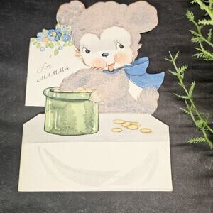 Vintage Greeting Card Mother's Day Baby Bear Cub Flocked Die-Cut 1950s Unused